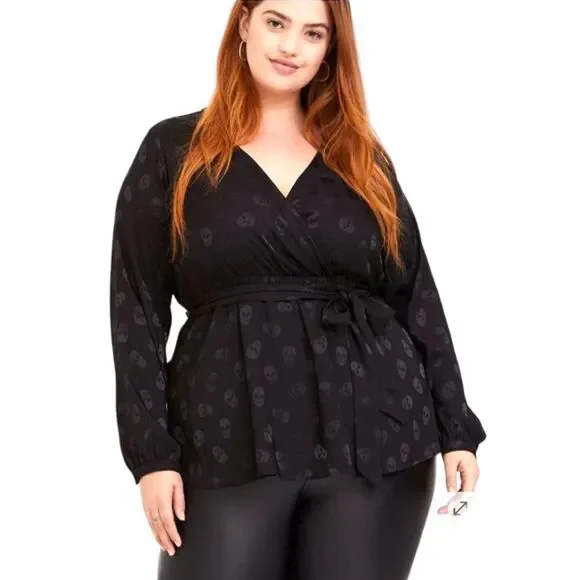 TORRID Plus Size Black Skull Jacquard Surplice Top - Picture 7 of 16